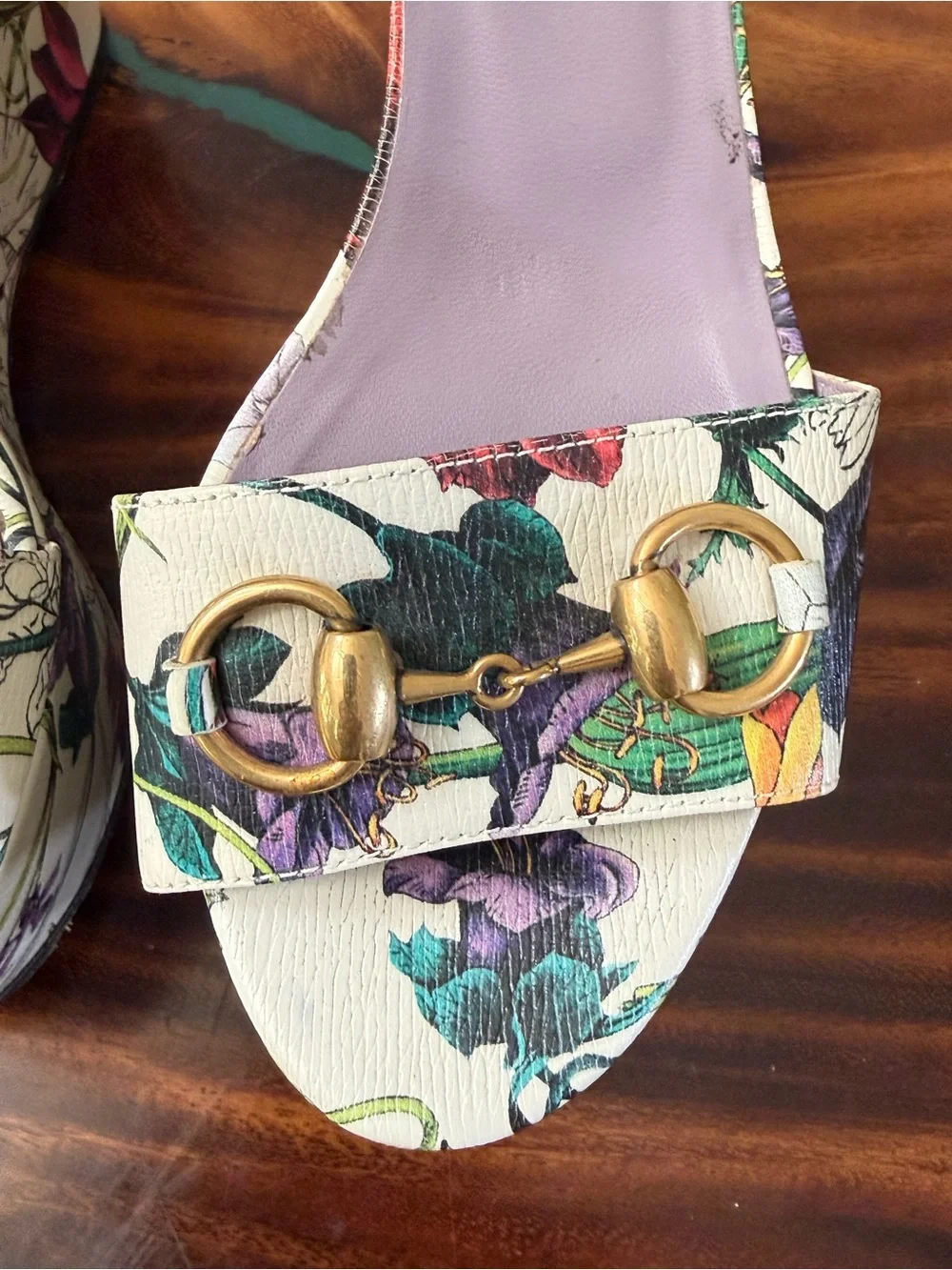 Gucci Floral Platform Sandals in White with Lavender Insole and Gold Hardware